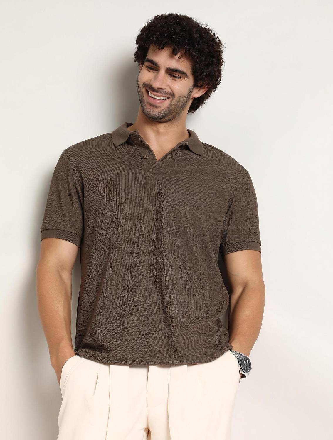 CAHOOT Solid Men Polo Neck Brown T-Shirt