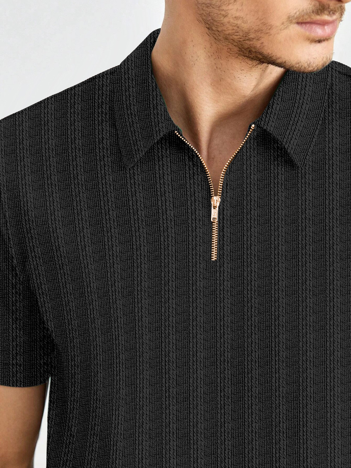 Image of COMBRAIDED Striped Men Zip Neck Black T-Shirt