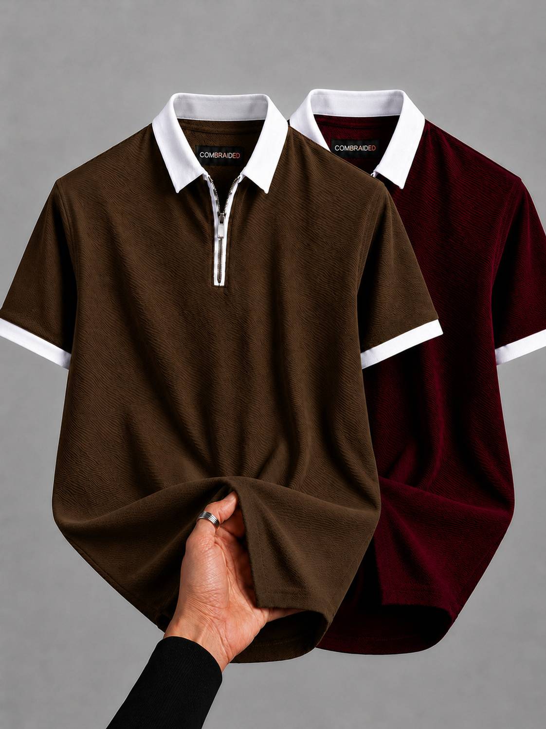 COMBRAIDED Men Polo Neck Brown, Maroon T-Shirt Pack of 2 - Image 1