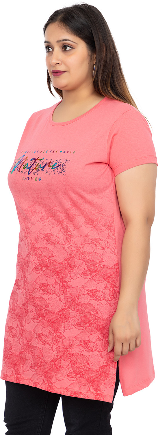 Image of Star Touch Floral Print Women Round Neck Purple, Pink T-Shirt