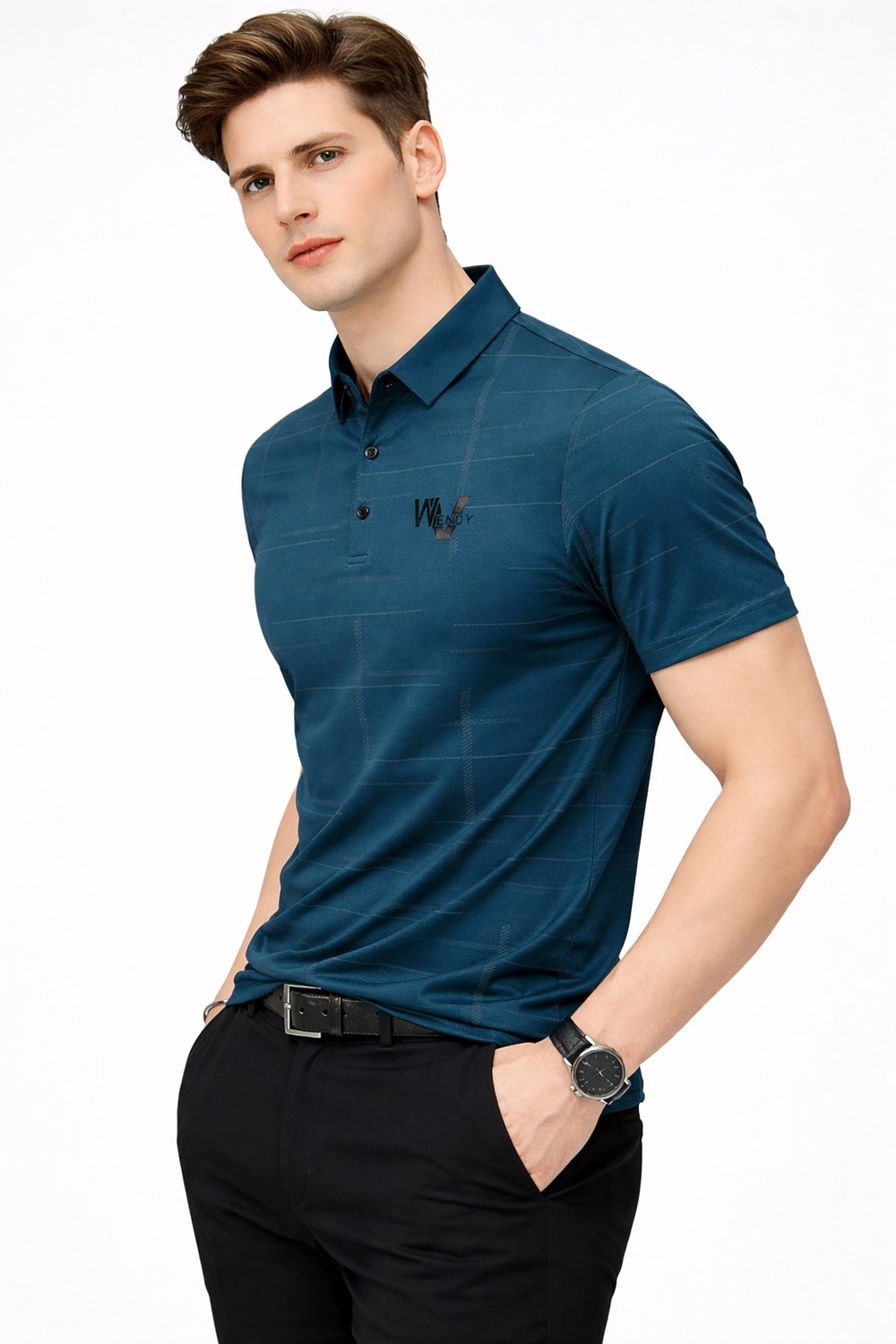 Image of METRONAUT Printed Men Polo Neck Blue T-Shirt