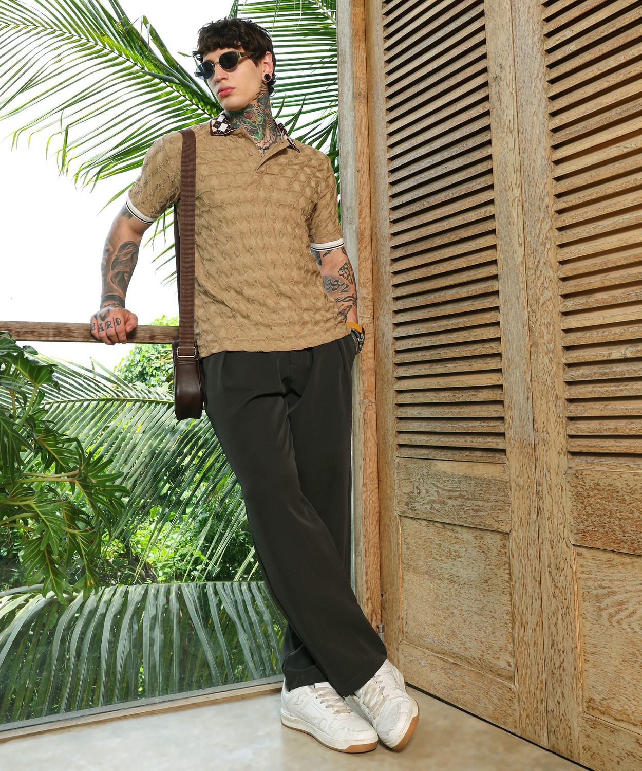 Image of CAMPUS SUTRA Self Design Men Polo Neck Beige T-Shirt