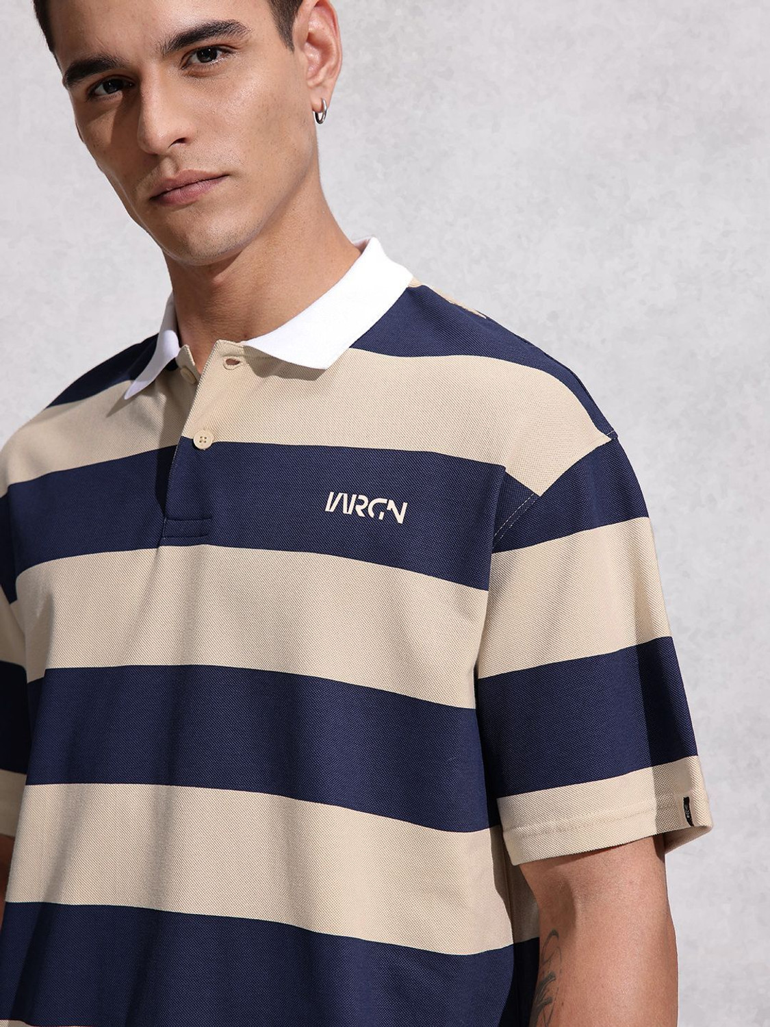 Image of WROGN Striped Men Polo Neck Beige T-Shirt