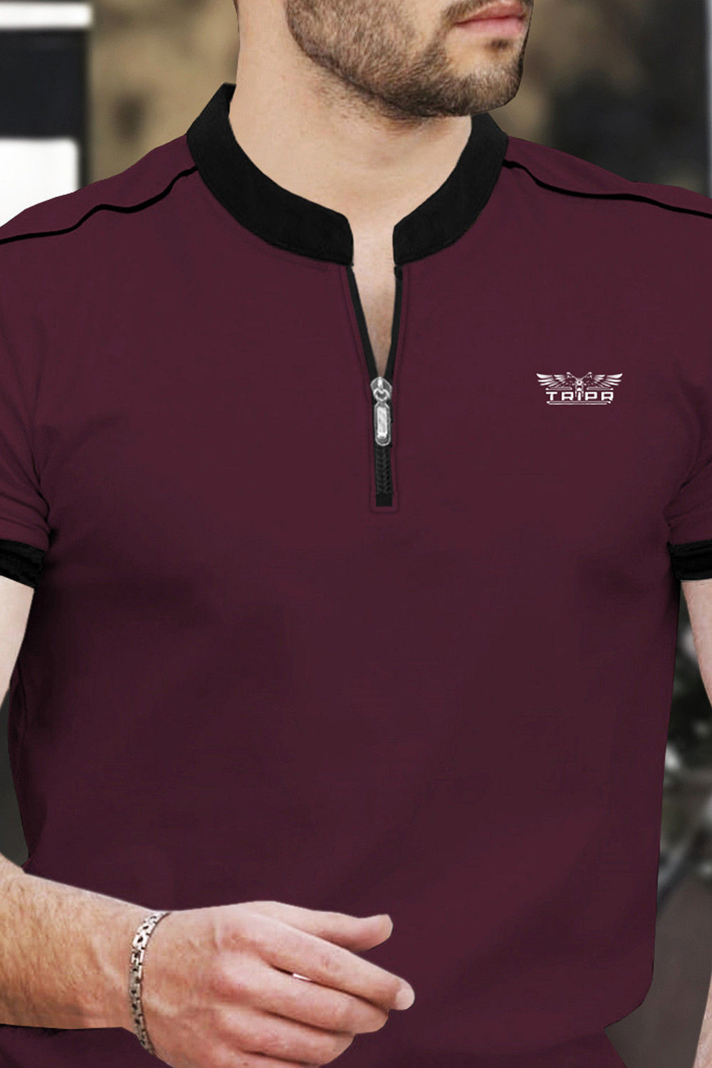Image of TRIPR Printed Men Mandarin Collar Maroon, Black T-Shirt