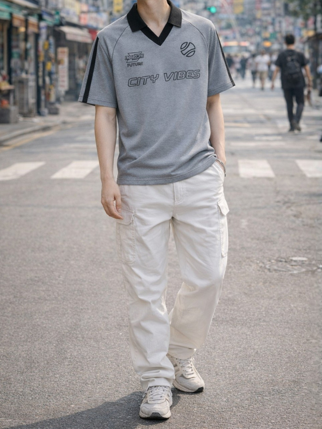 Image of Jump Cuts Printed Men Polo Neck Grey, Black T-Shirt