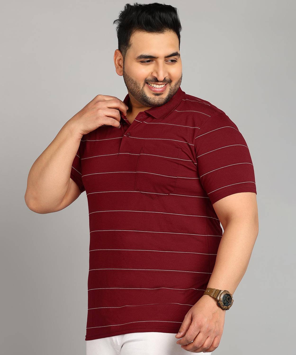INKKR Men Striped Polo Neck Cotton Blend Maroon T-Shirt