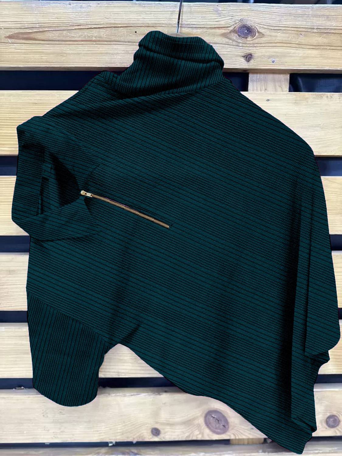 KAJARU Men Striped Zip Neck Polyester Dark Green T-Shirt