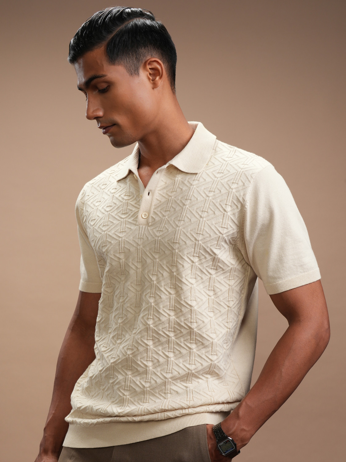 Image of HIGHLANDER Self Design Men Polo Neck Beige T-Shirt