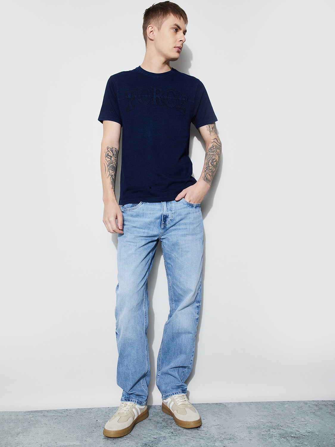 Image of Forca by Lifestyle Printed Men Crew Neck Dark Blue T-Shirt