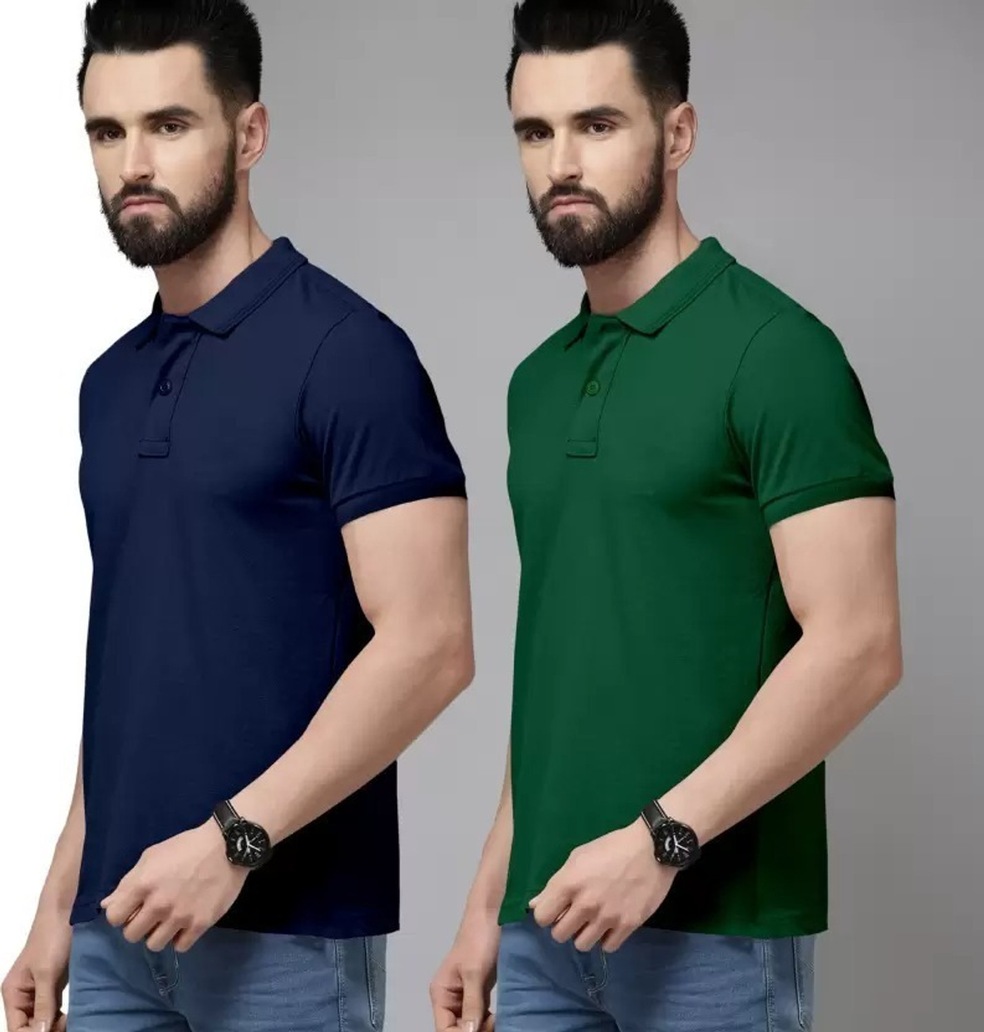 Image of balker merka Solid Men Polo Neck Green, Blue T-Shirt