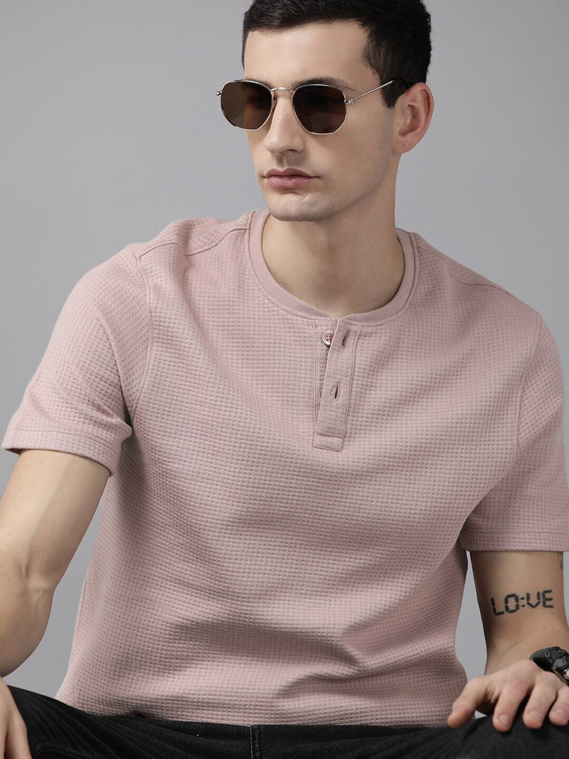 Image of Roadster Self Design Men Henley Neck Purple T-Shirt