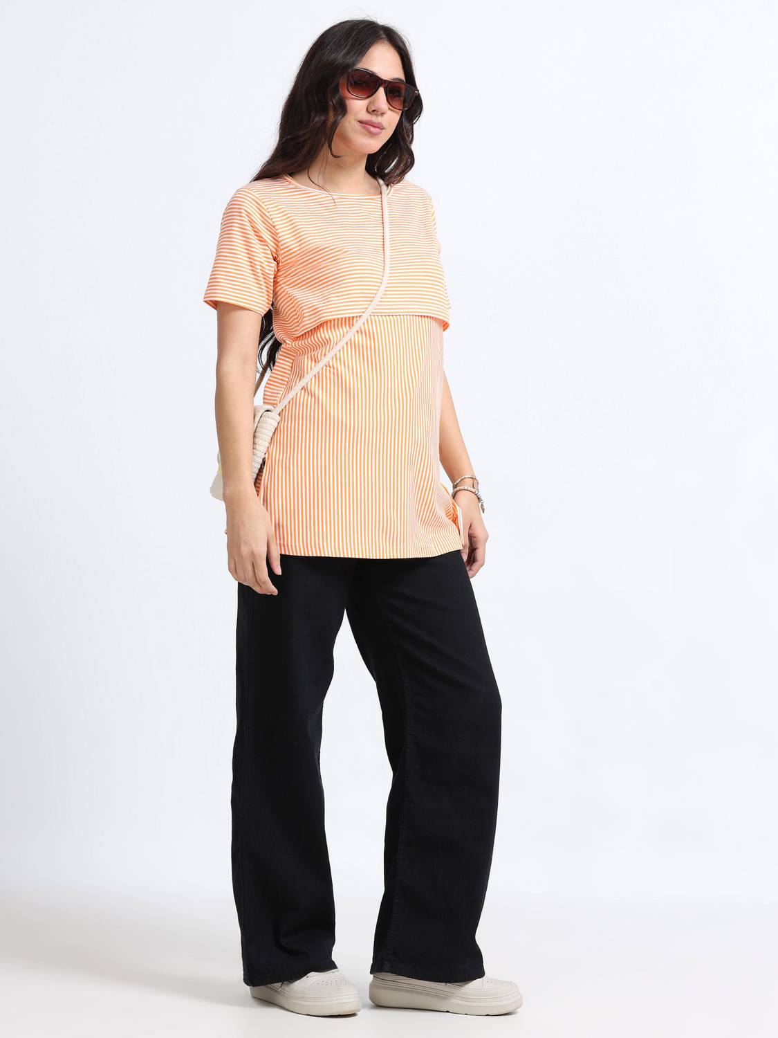 Ajju's Striped Women Round Neck Orange T-Shirt