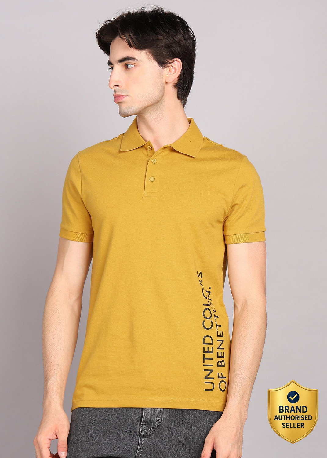 Image of United Colors of Benetton Printed Men Polo Neck Yellow T-Shirt