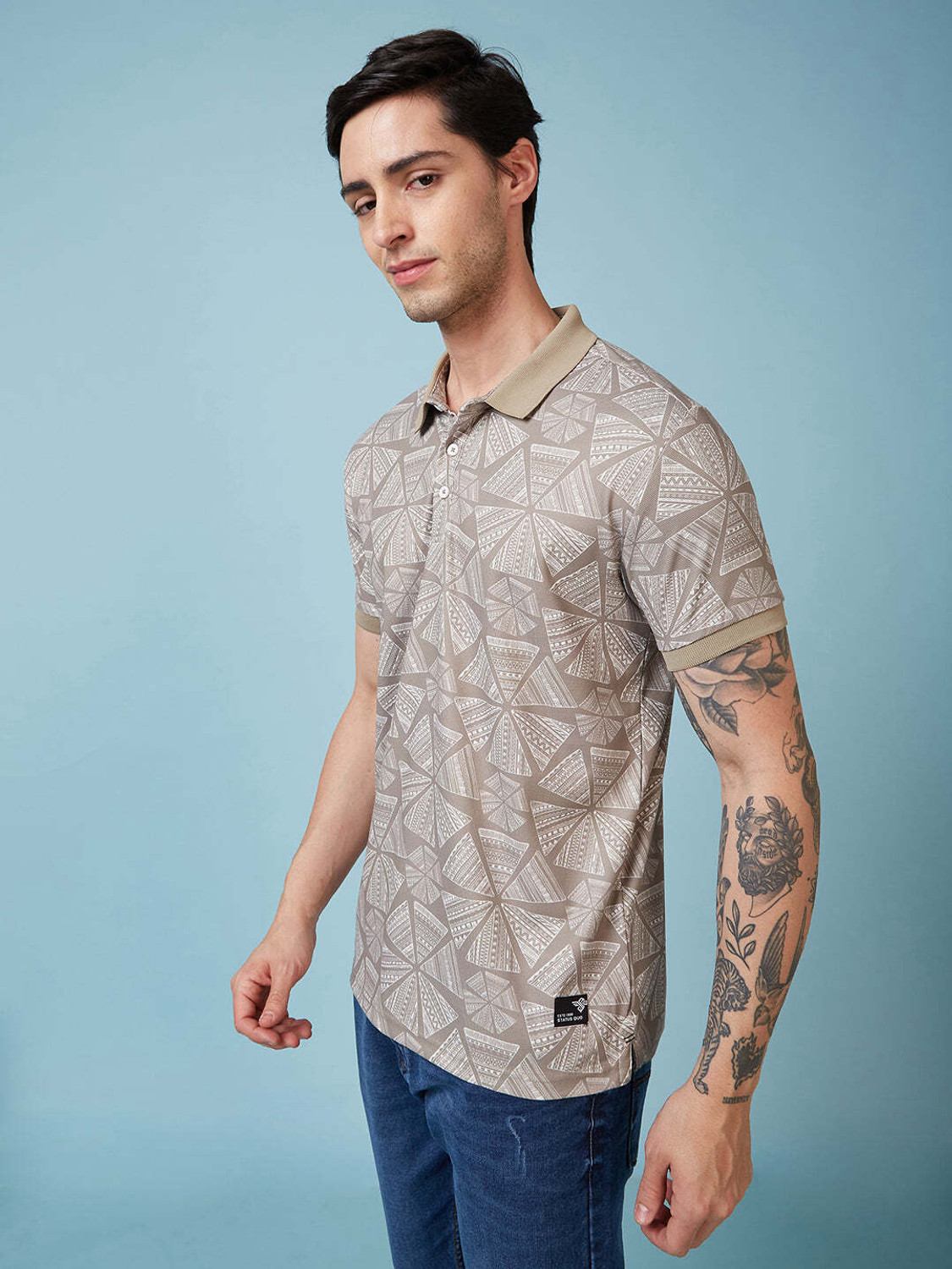 Image of Status Quo Men Printed Polo Neck Polyester Brown T-Shirt