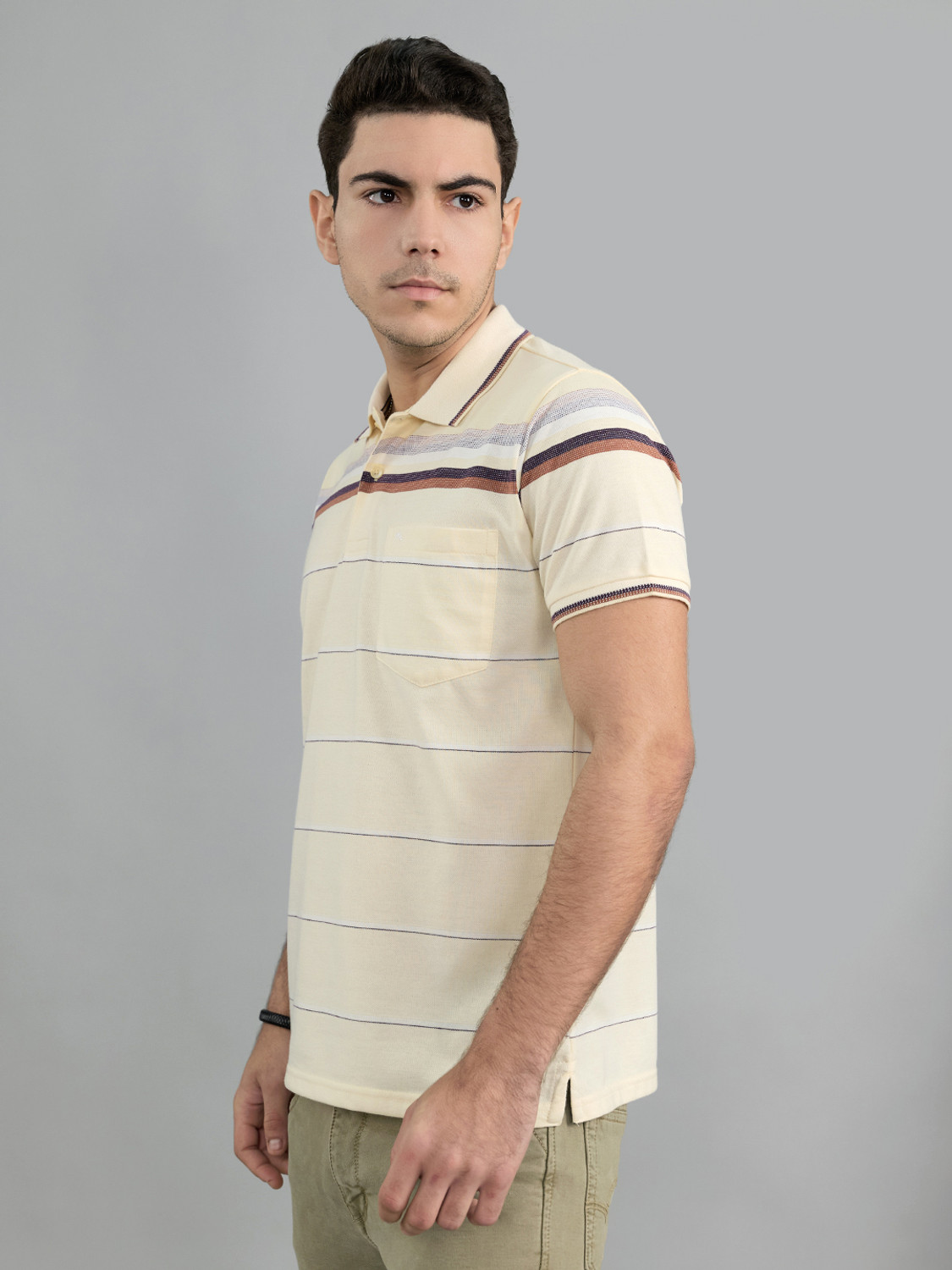 Image of MONTE CARLO Men Striped Polo Neck Cotton Blend Orange T-Shirt
