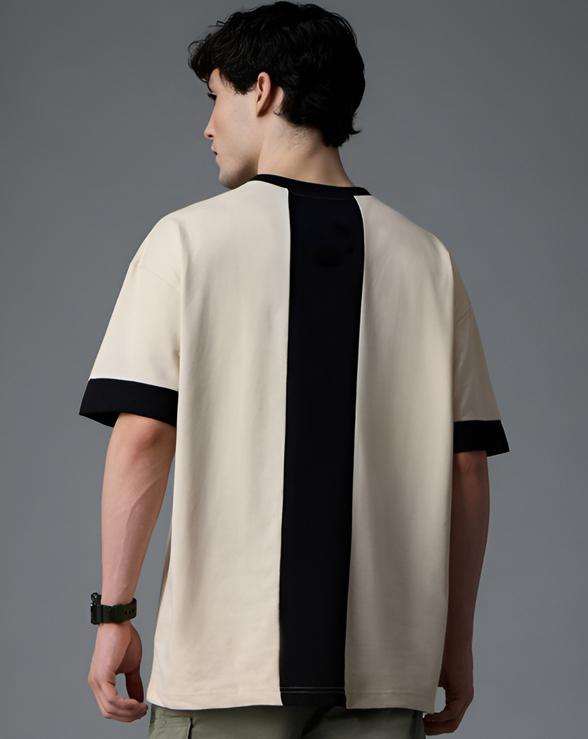 Image of GLOBAL NOMAD Colorblock Men Round Neck Beige, Black T-Shirt