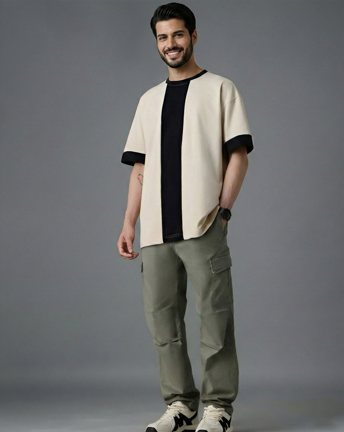 Image of METRONAUT Colorblock Men Round Neck Beige, Black T-Shirt