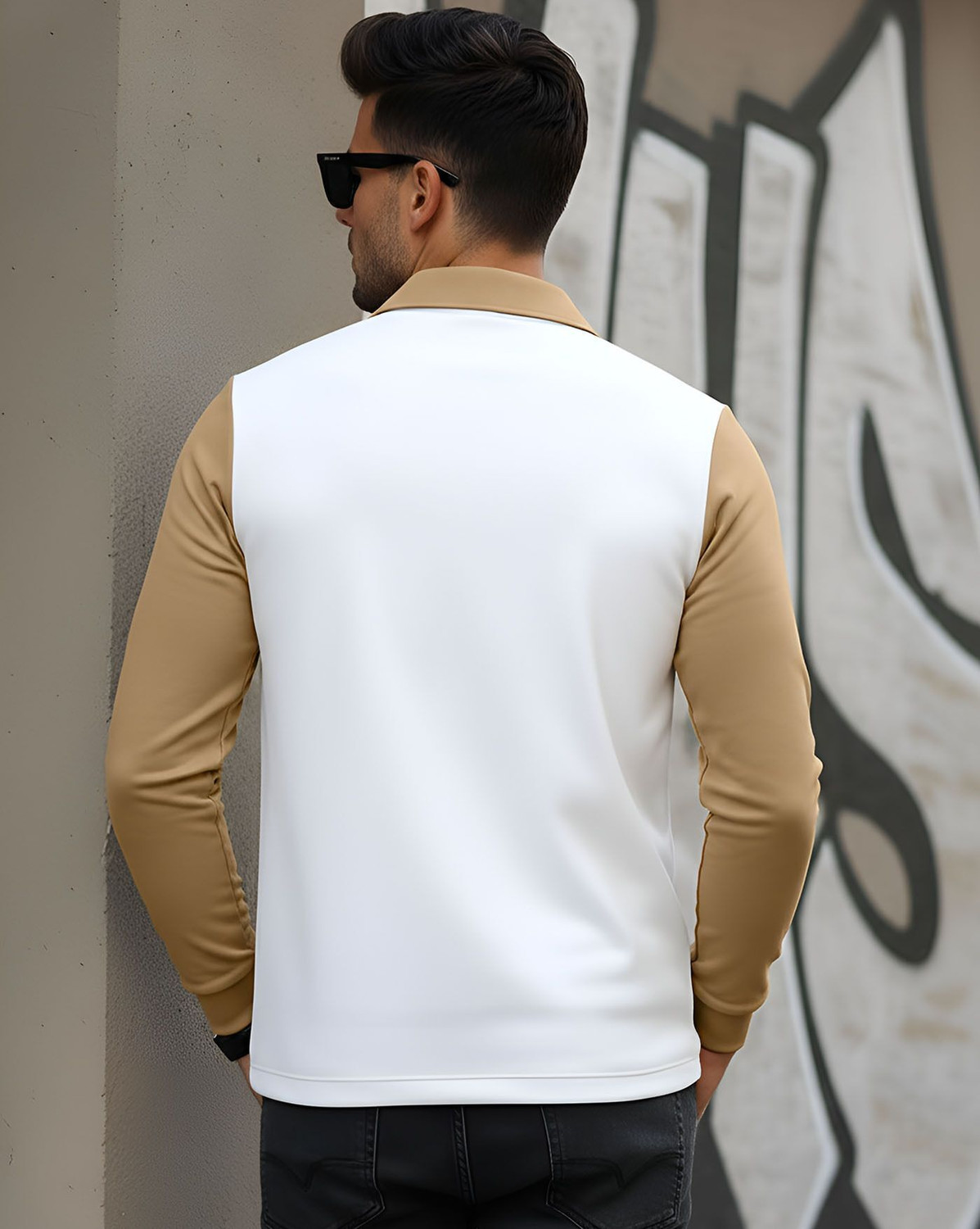 Image of AUSK Striped Men Zip Neck Beige, White T-Shirt