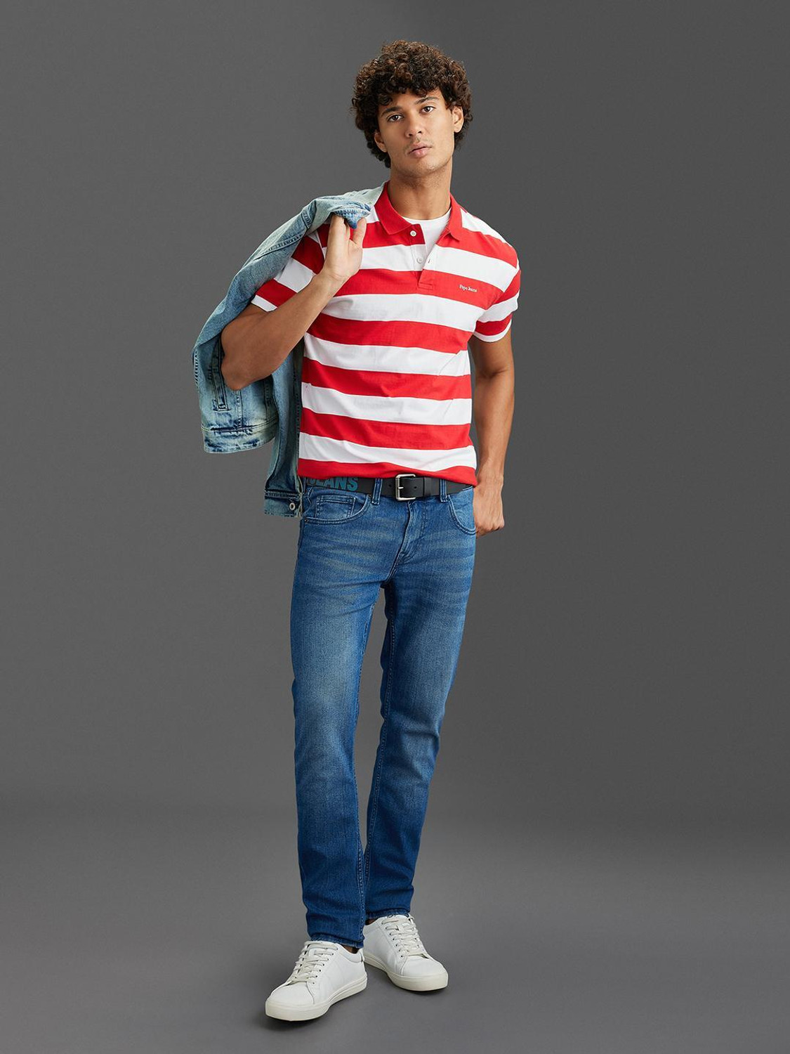 Image of Pepe Jeans Striped Men Polo Neck White, Red T-Shirt