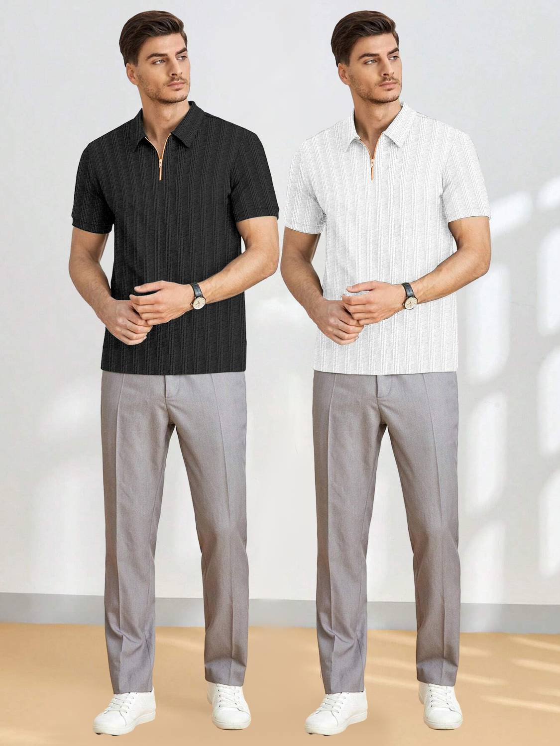 COMBRAIDED Men's Black, White Zip Neck T-Shirt Pack of 2 - Image 4