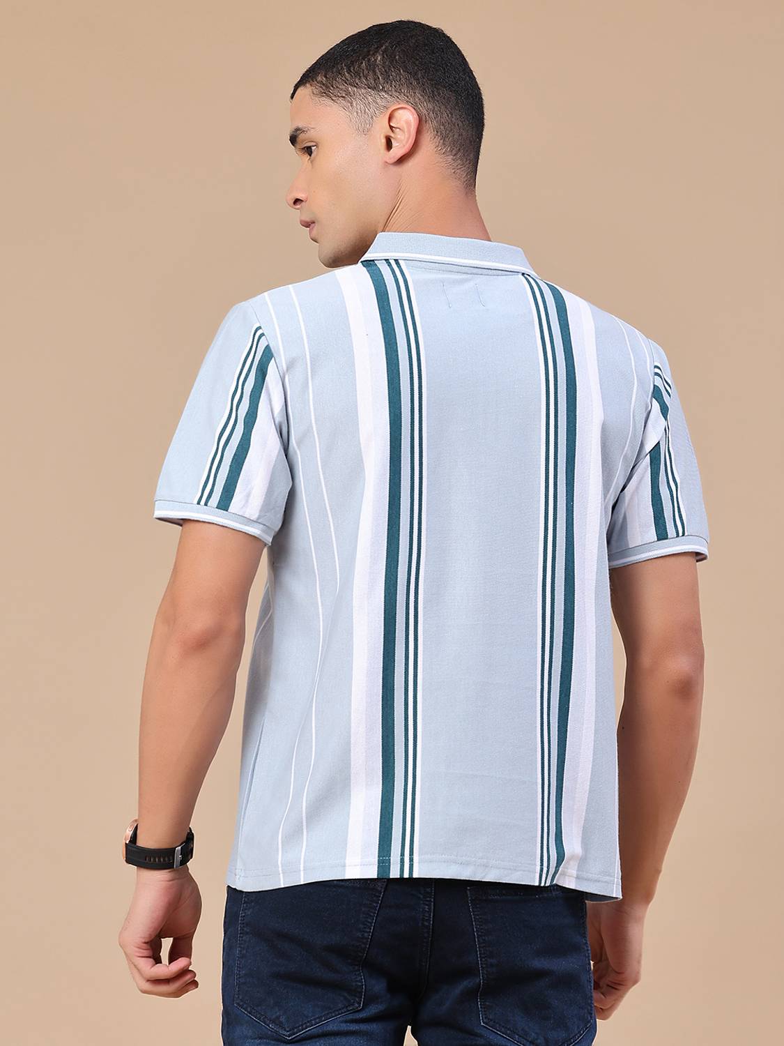 V-MART Striped Blue Polo Neck T-Shirt - Image 3