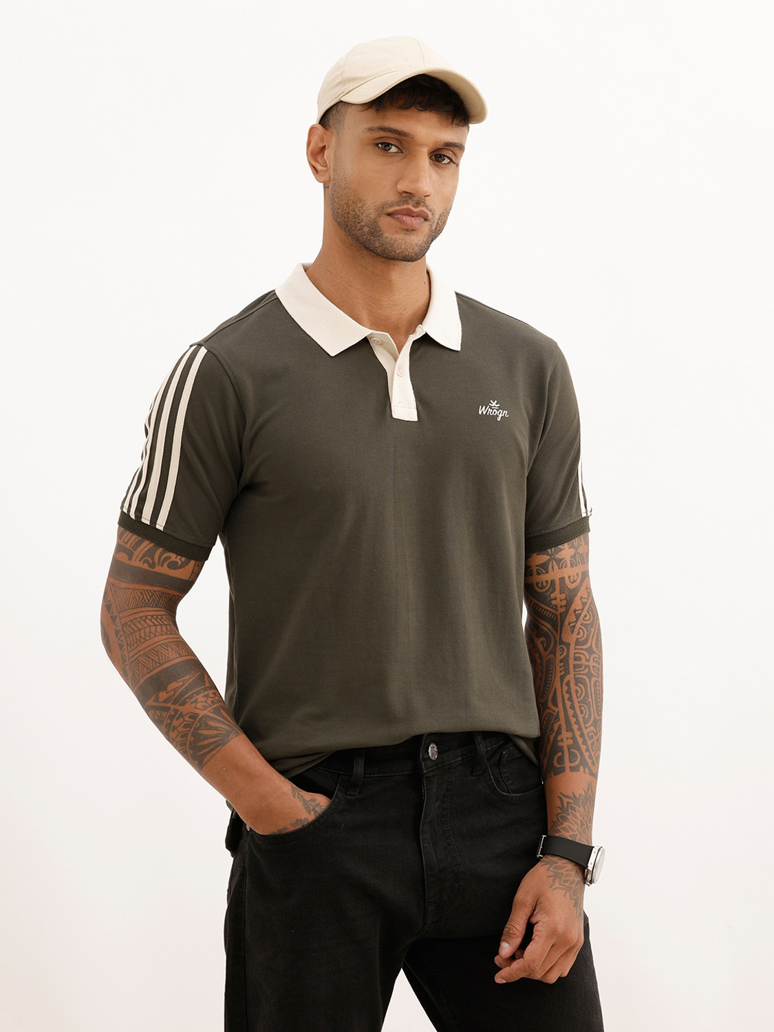 Image of WROGN Solid Men Polo Neck Green T-Shirt