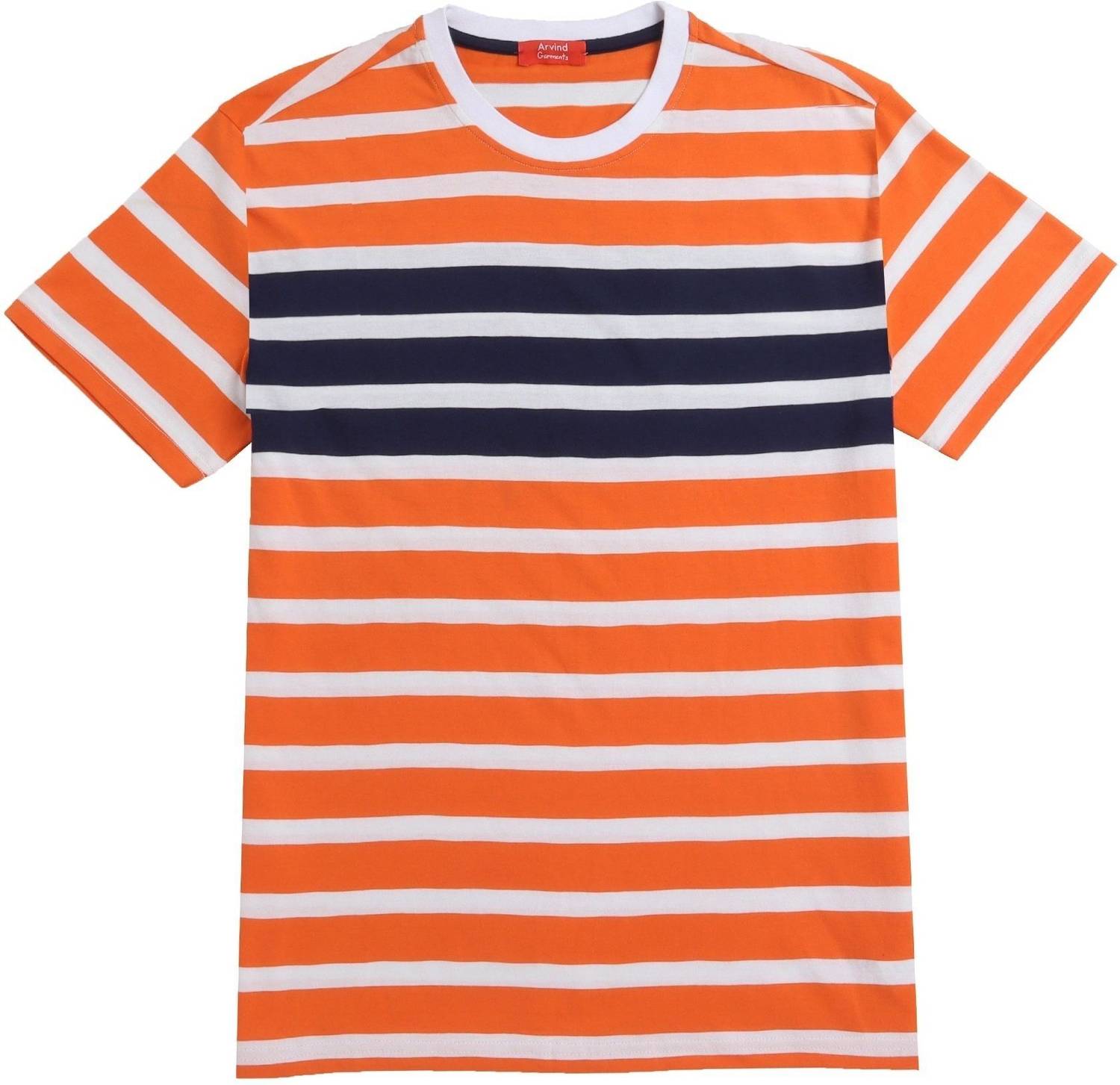 Arvind Garments Men Striped Round Neck Pure Cotton Orange, White T-Shirt