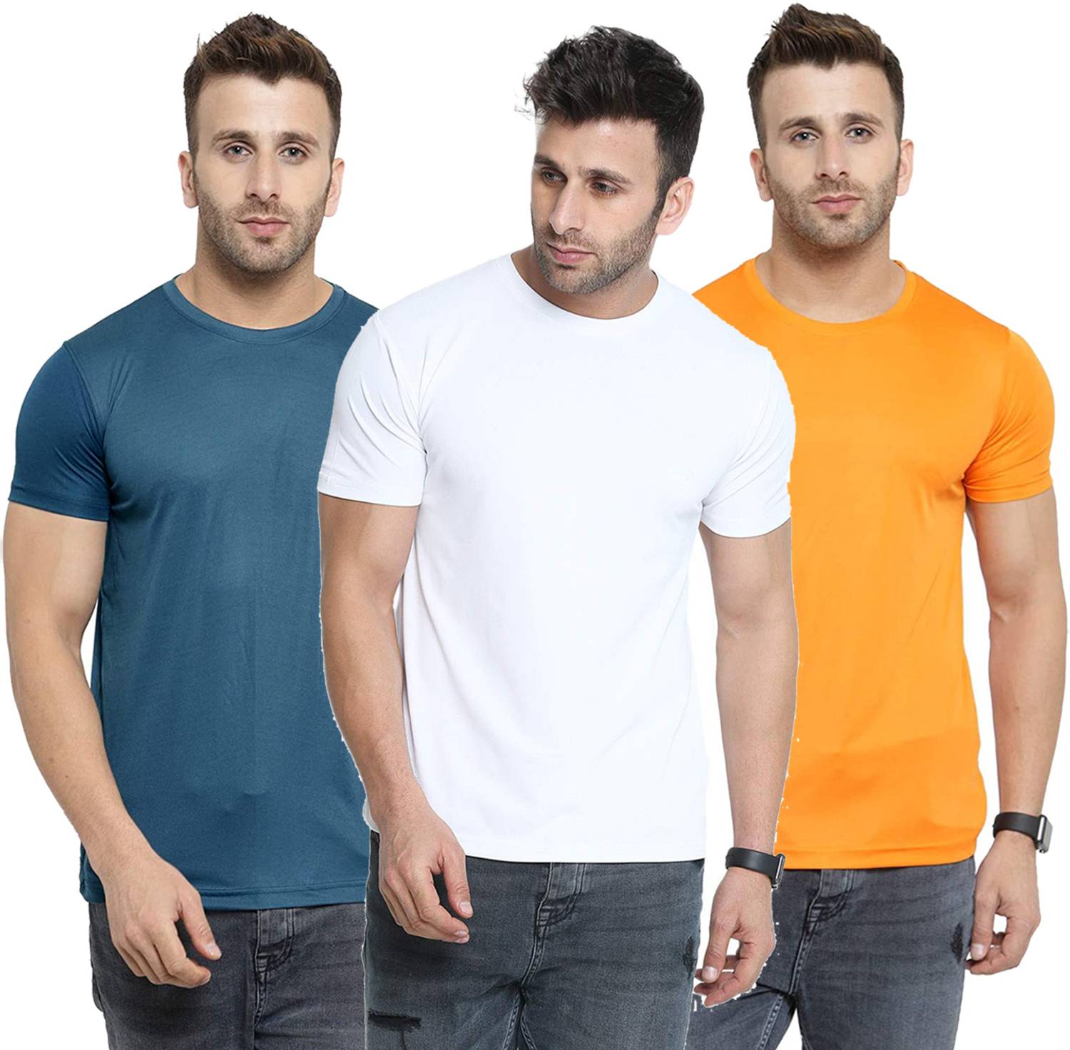 Renowned Pack of 3 Men Solid Round Neck Polyester Dark Blue, Whit