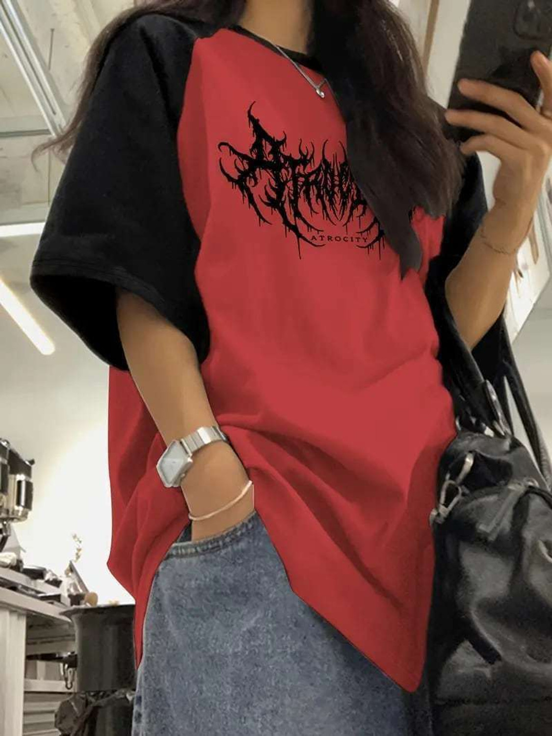 Image of EraandEdge Printed Women Round Neck Red T-Shirt
