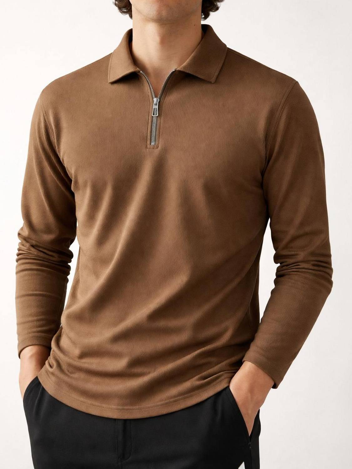 arraydor Self Design, Solid Men Zip Neck Brown T-Shirt