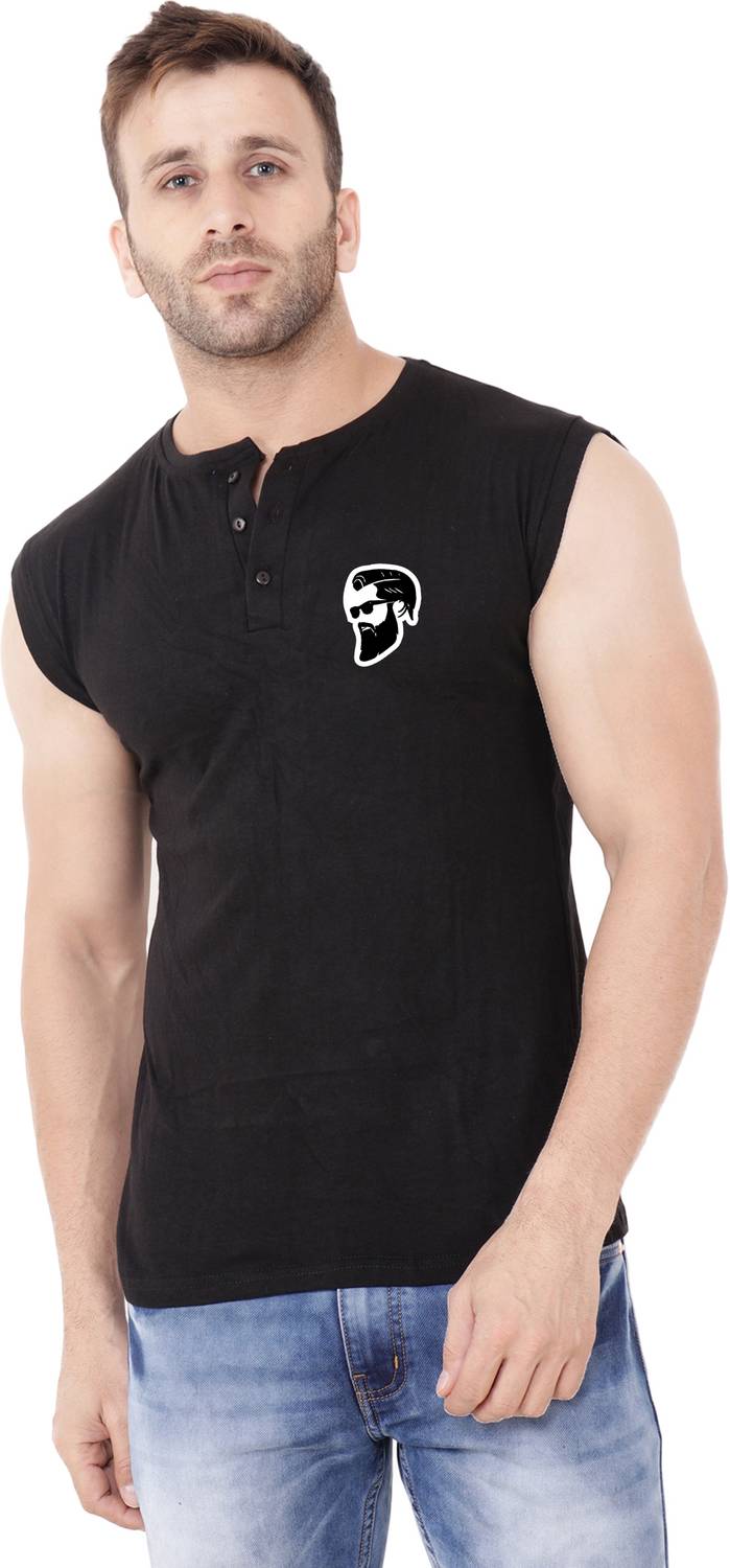 tfurnish Printed Men Henley Neck Black T-Shirt