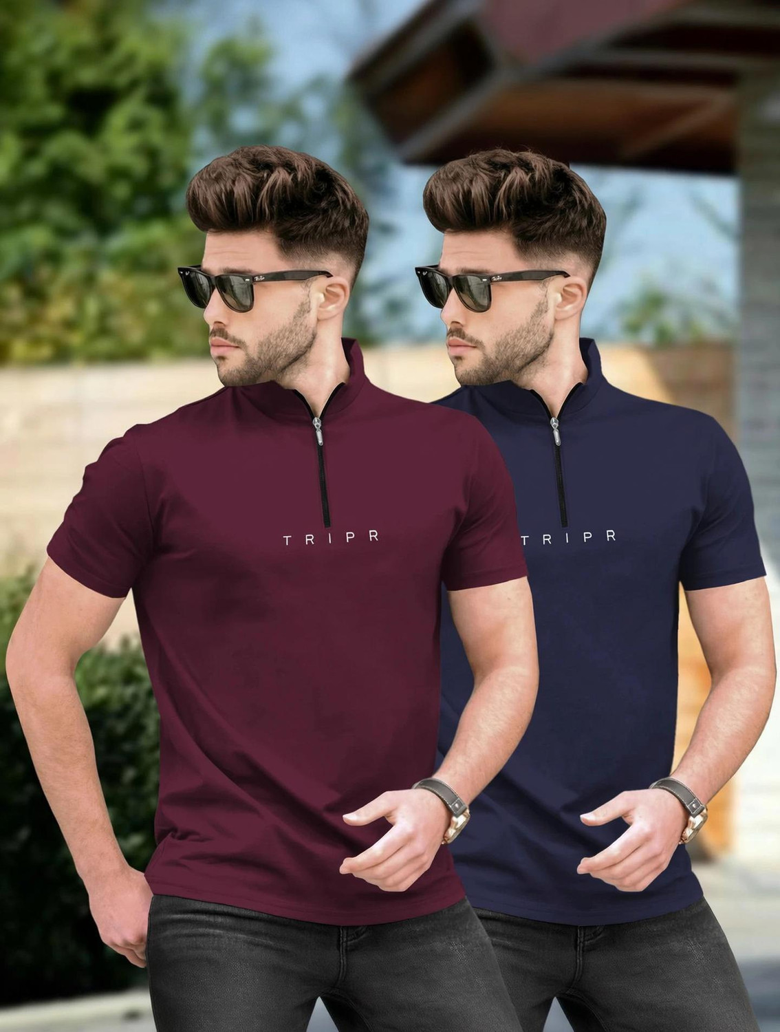 Image of TRIPR Solid Men Henley Neck Maroon, Navy Blue T-Shirt