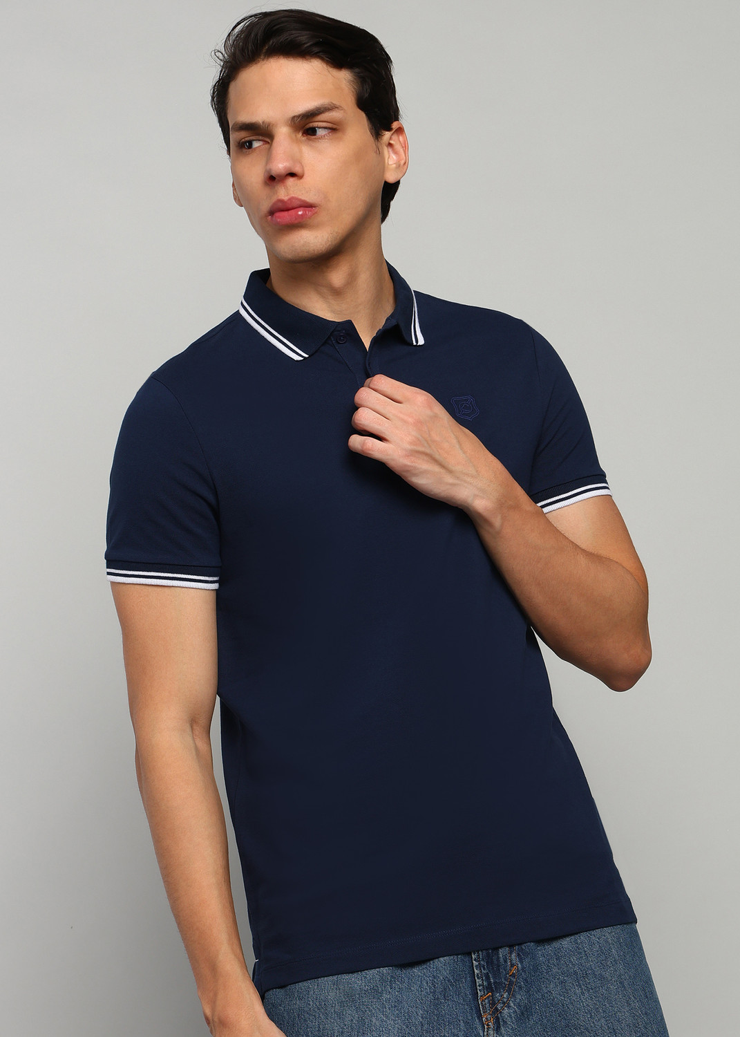 Image of BEING HUMAN Solid Men Polo Neck Navy Blue T-Shirt