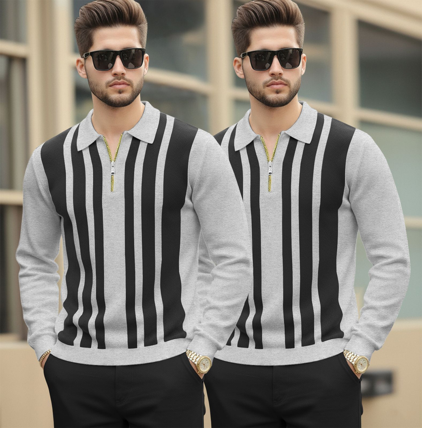 Image of TRIPR Striped Men Polo Neck Grey, Black T-Shirt