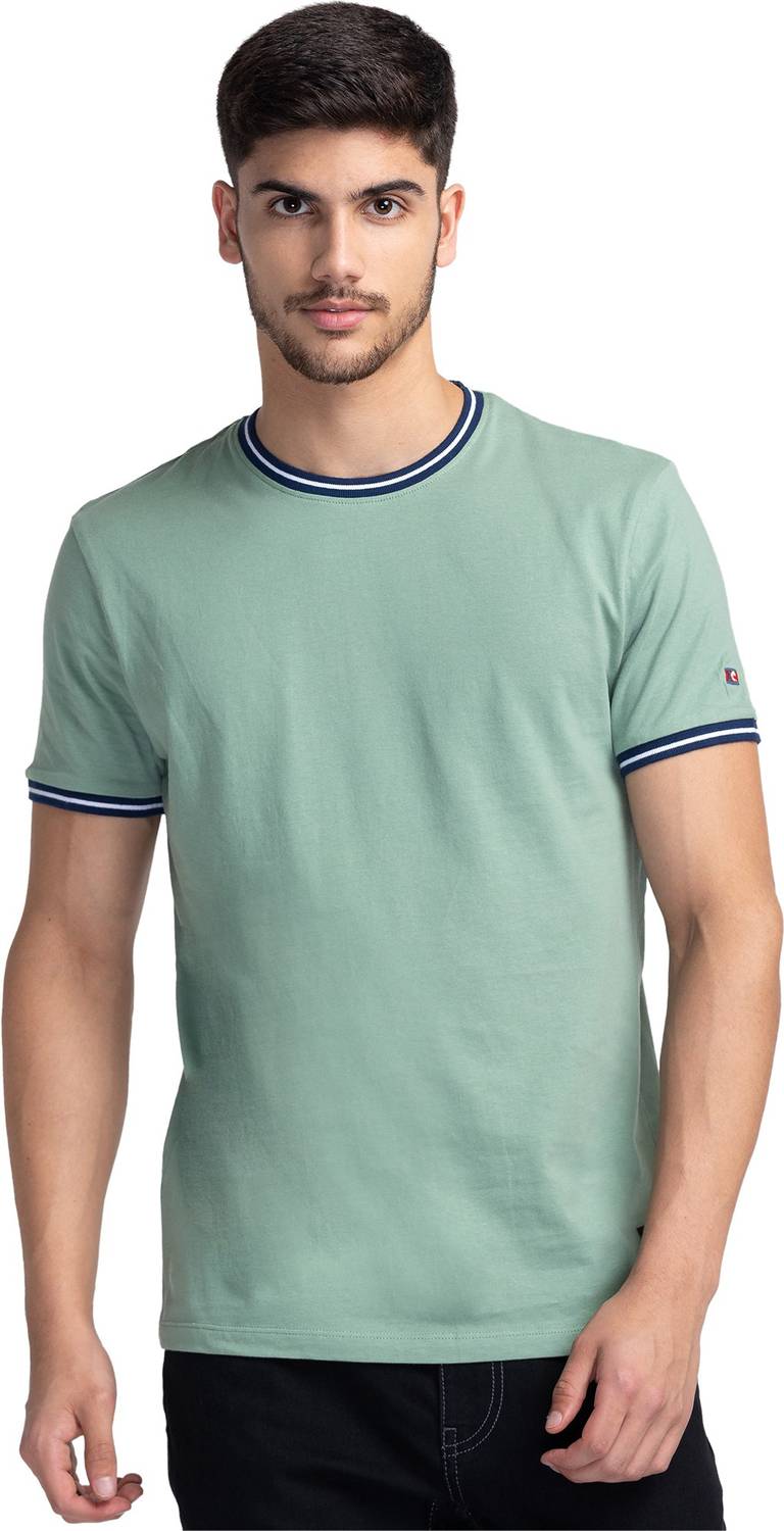 BEING HUMAN Green Regular Fit Men's Short Sleeves T-Shirt by Being Human Clothing Men Solid V Neck Cotton Blend Green T-Shirt