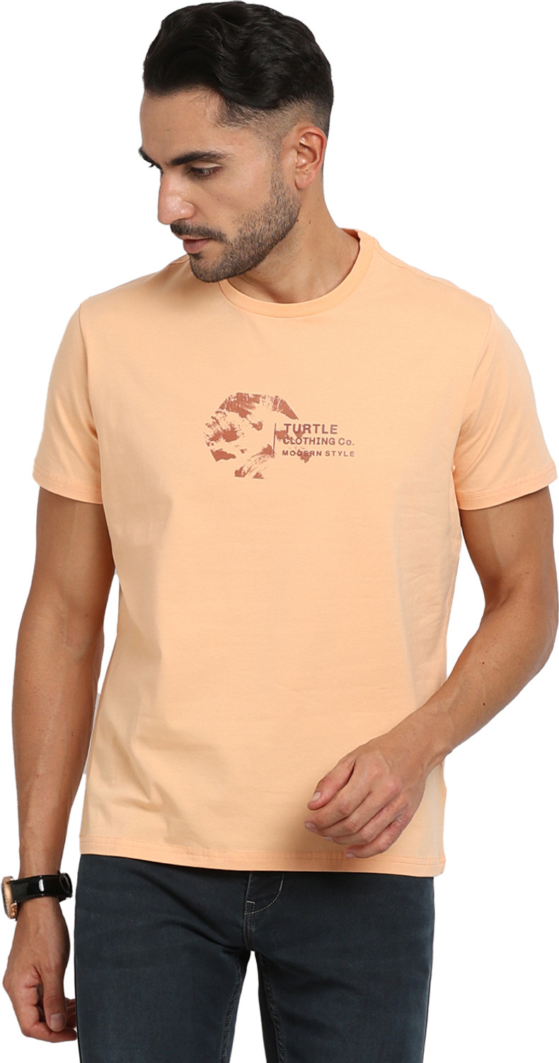 Image of TURTLE Printed Men Crew Neck Beige T-Shirt