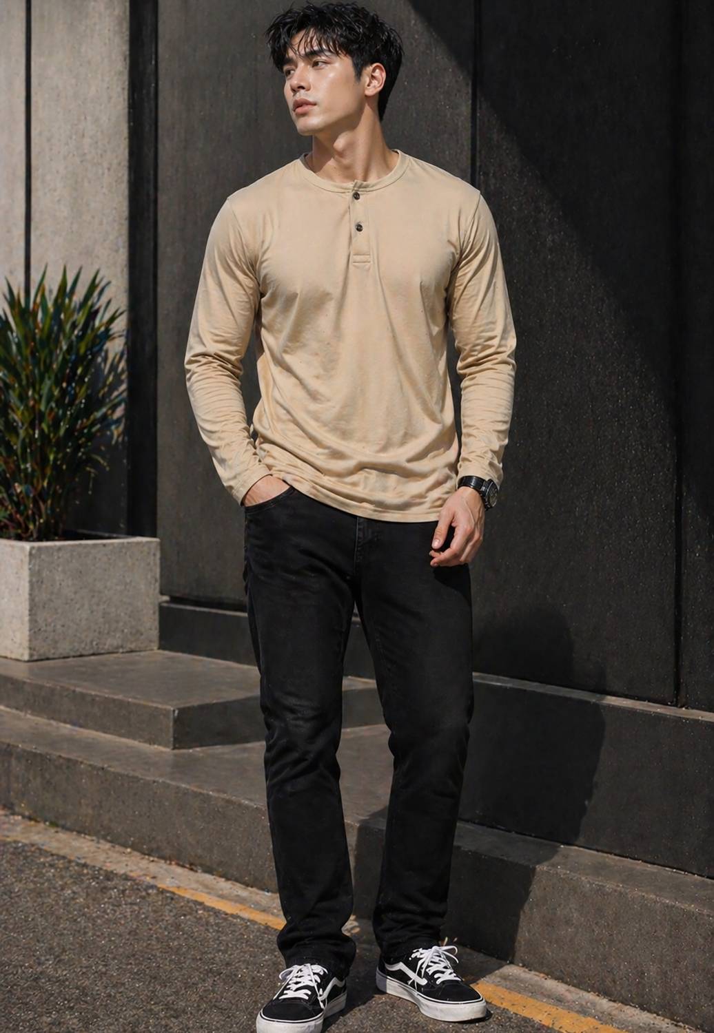 Creation London Hills Men Beige Henley Neck T-Shirt - Image 4