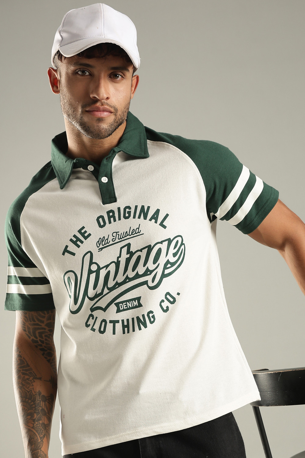 Image of SHINX Printed Men Polo Neck White, Dark Green T-Shirt
