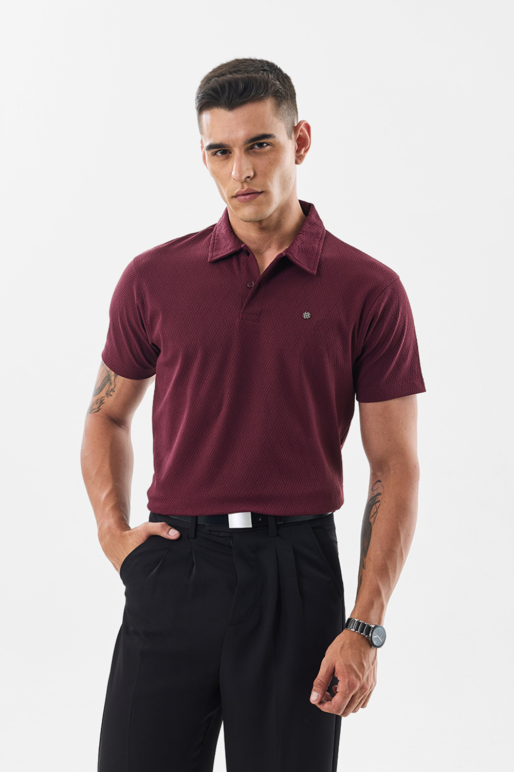 Image of Snitch Self Design Men Polo Neck Maroon T-Shirt