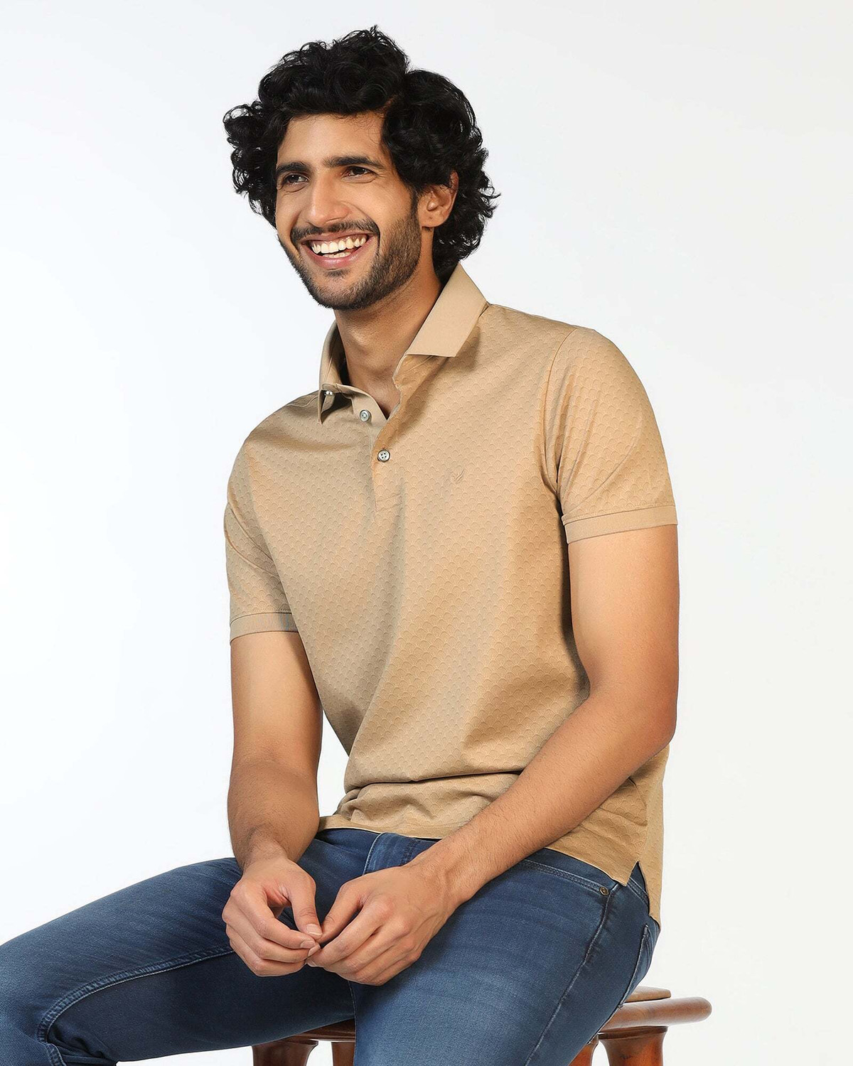 Image of Blackberrys Self Design Men Polo Neck Beige T-Shirt