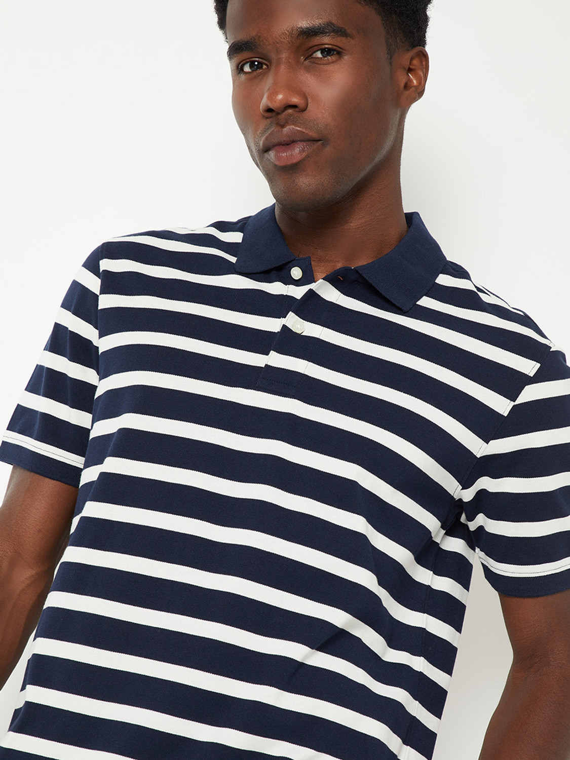 Image of MAX Striped Men Polo Neck Blue T-Shirt