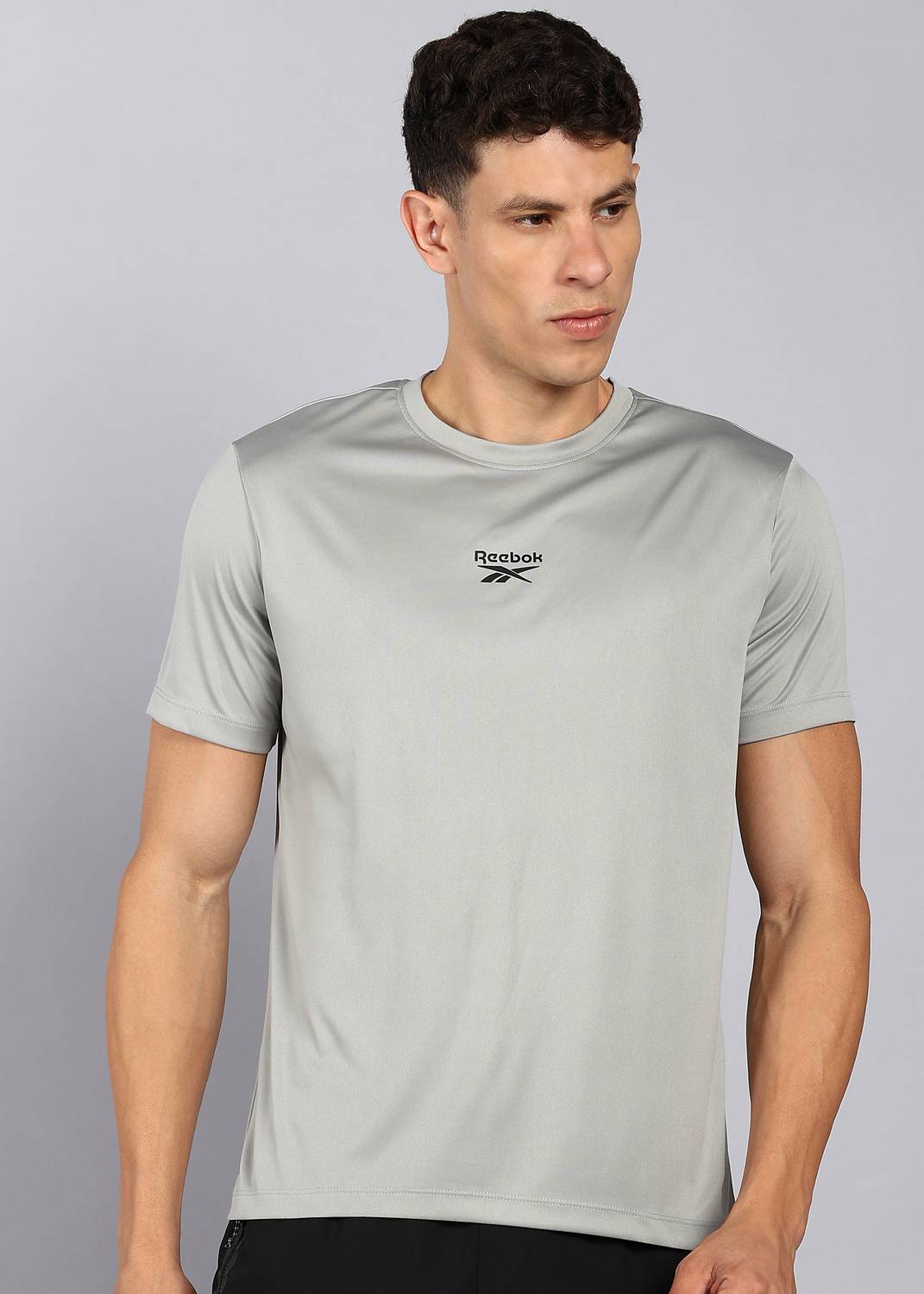 REEBOK Men Solid Crew Neck Polyester Grey T-Shirt