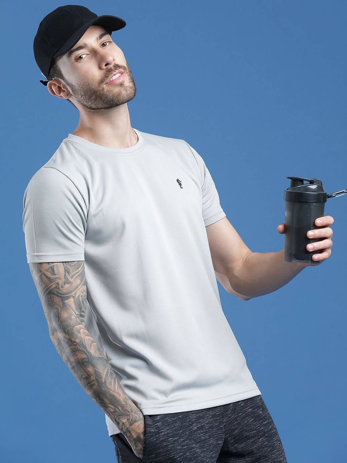 EPPE Light-Grey Round Neck Half Sleeve Polyester Dry Fit T-shirt