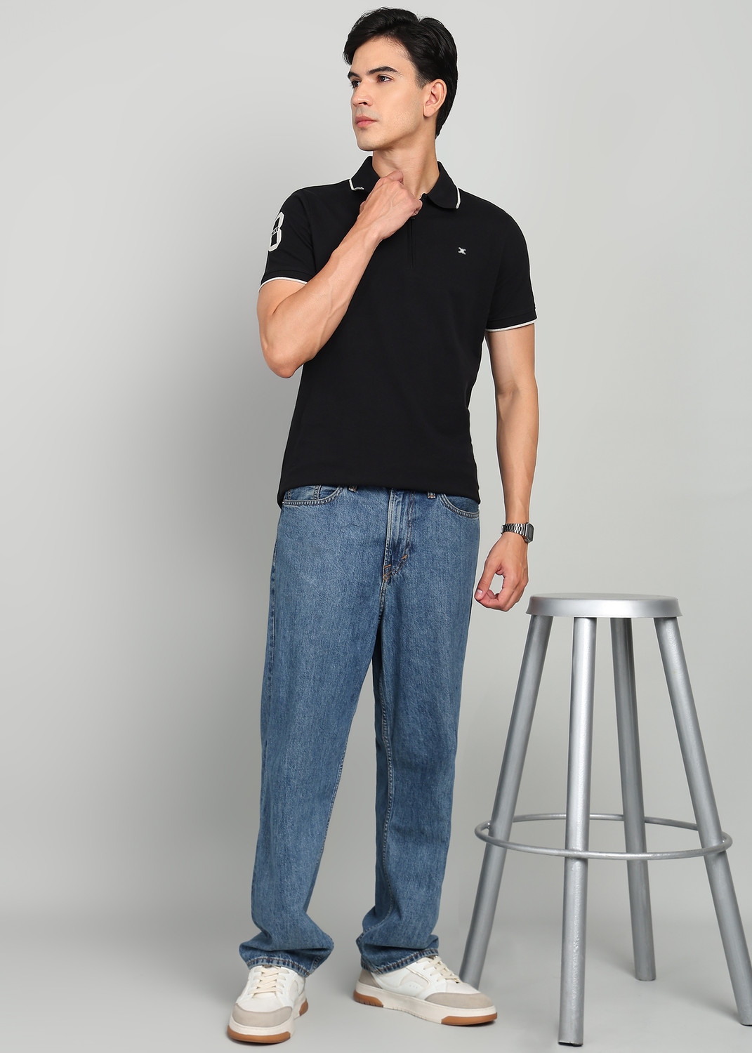 Image of KILLER Solid Men Polo Neck Black T-Shirt