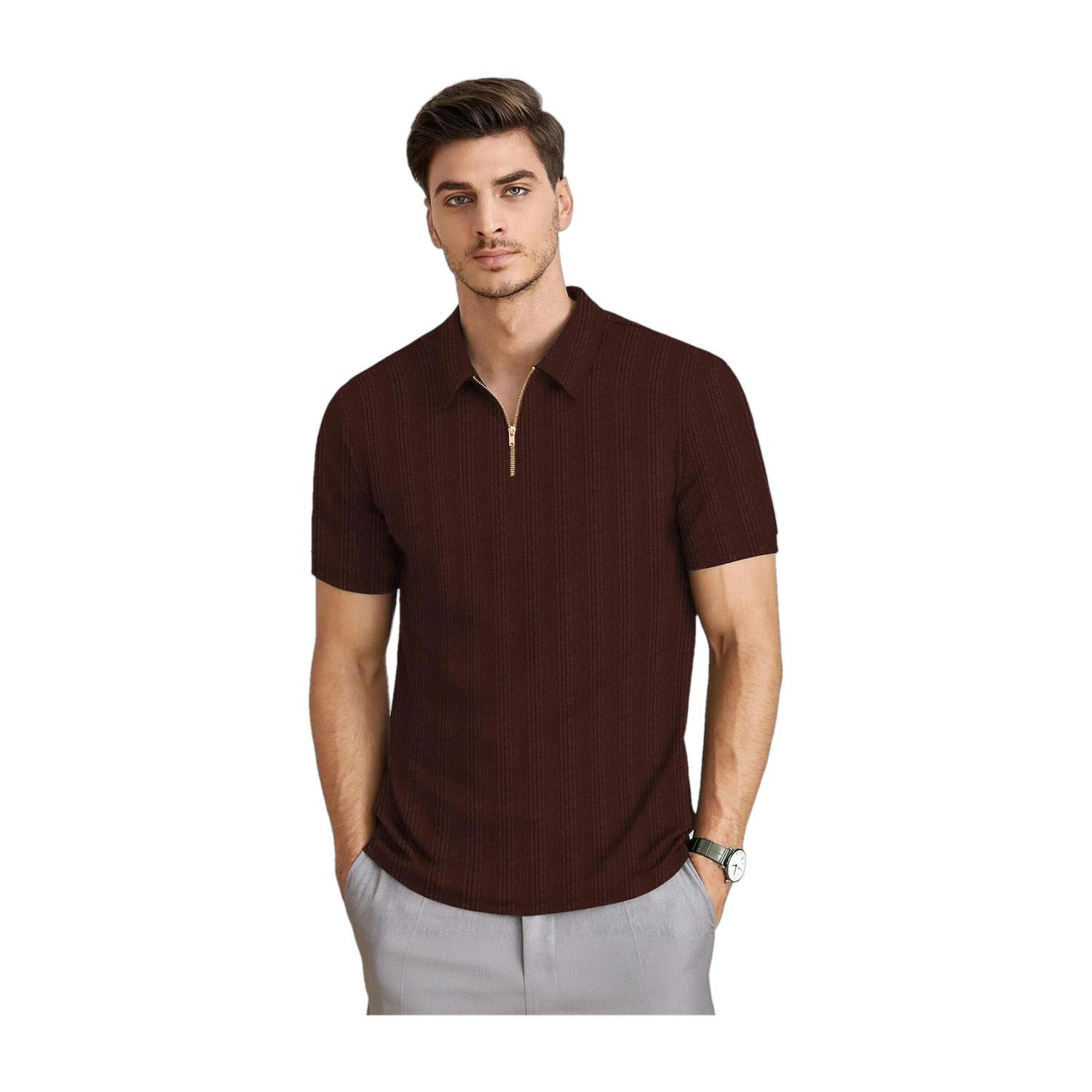 KAJARU Men Zip Neck Brown T-Shirt - Image 1