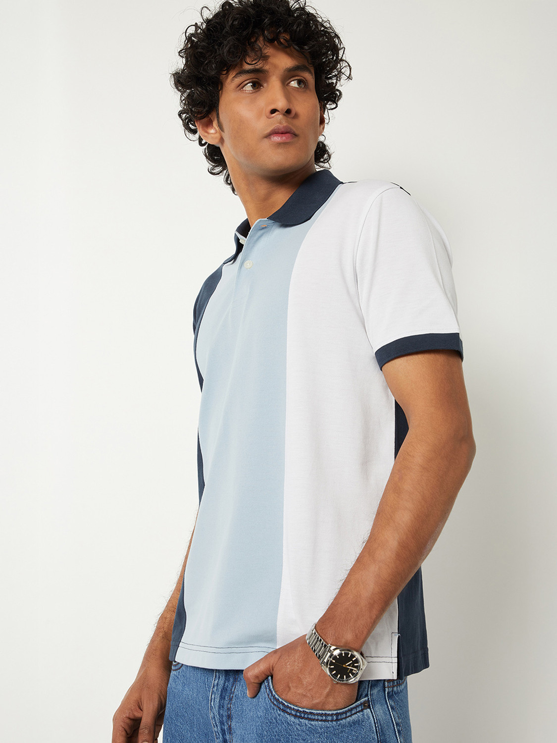 Image of MAX Colorblock Men Polo Neck Blue T-Shirt