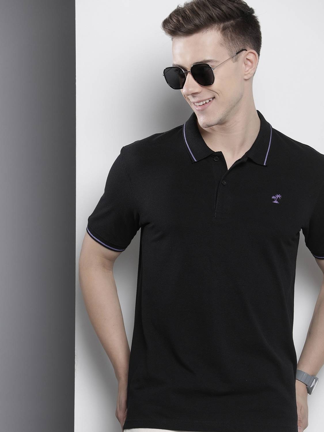 The Indian Garage Co. Men Solid Polo Neck Cotton Blend Black T-Sh