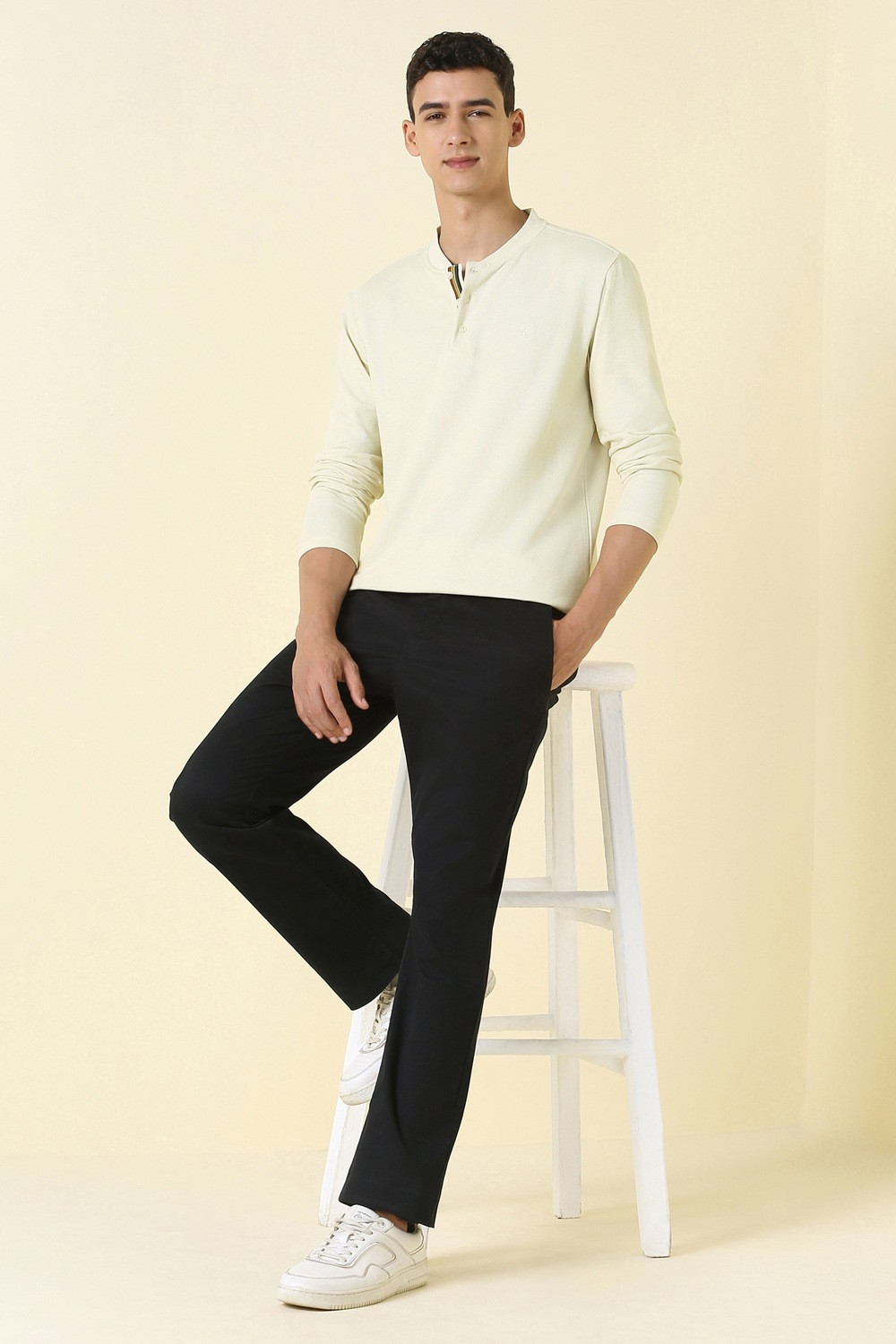 Image of Allen Solly Solid Men Henley Neck Beige T-Shirt