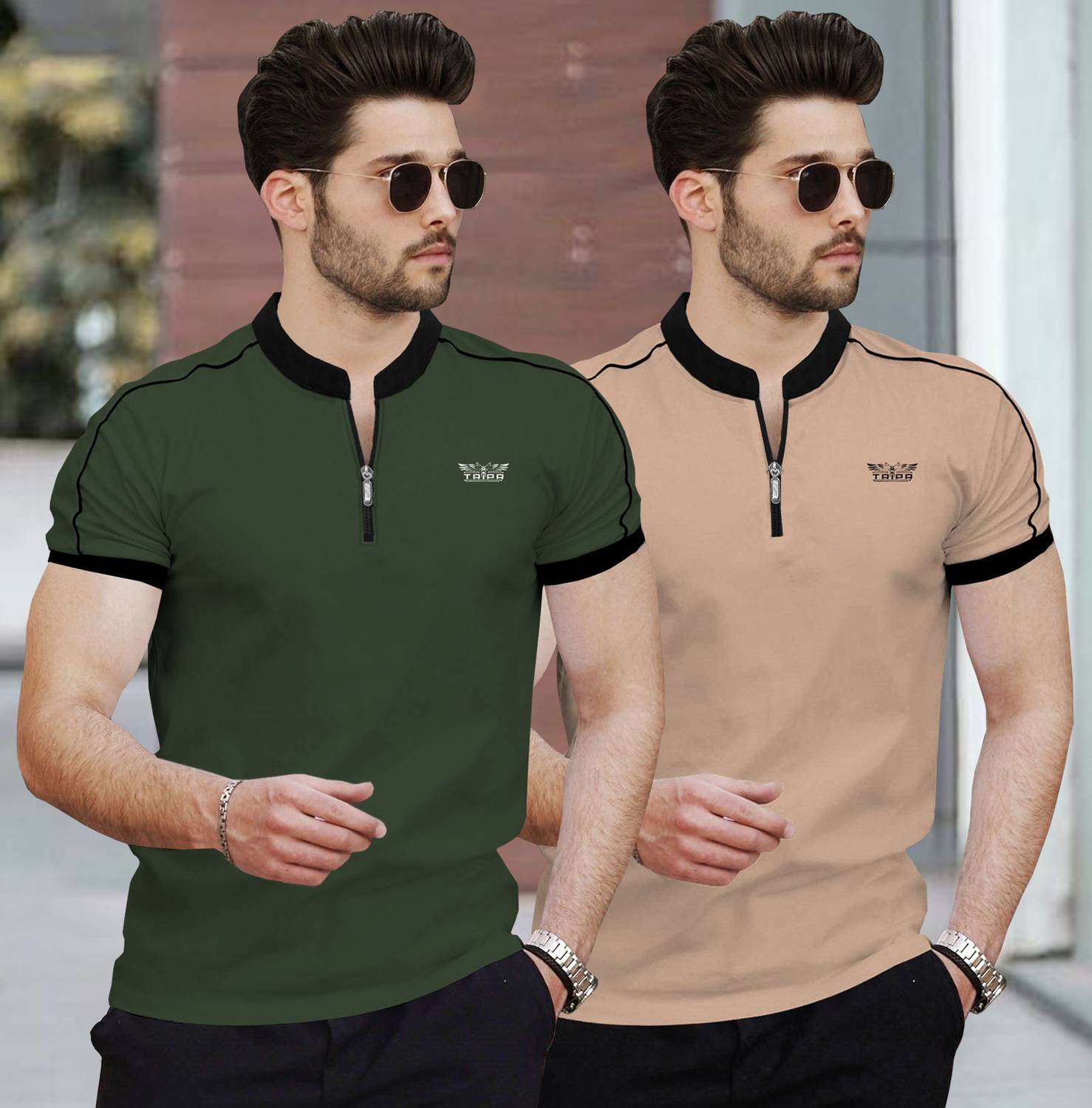 TRIPR Pack of 2 Men Solid Mandarin Collar Cotton Blend Dark Green