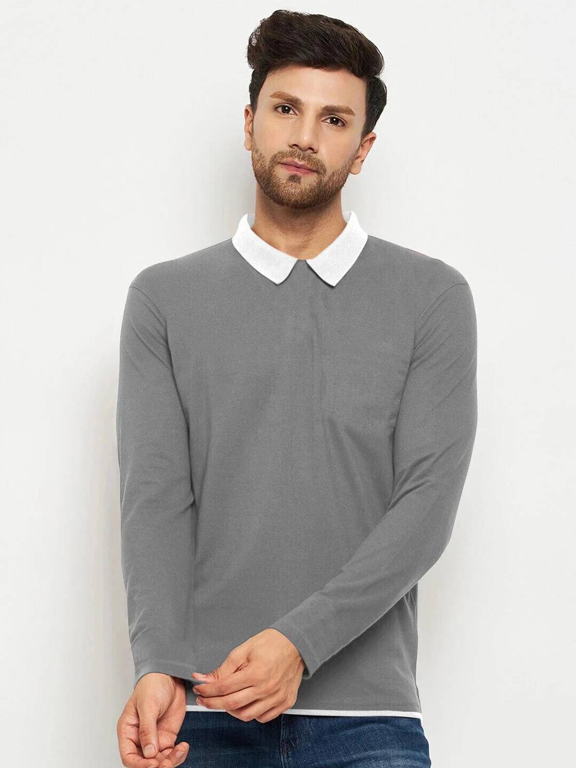 Rufica Men Solid Polo Neck Cotton Blend Grey T-Shirt